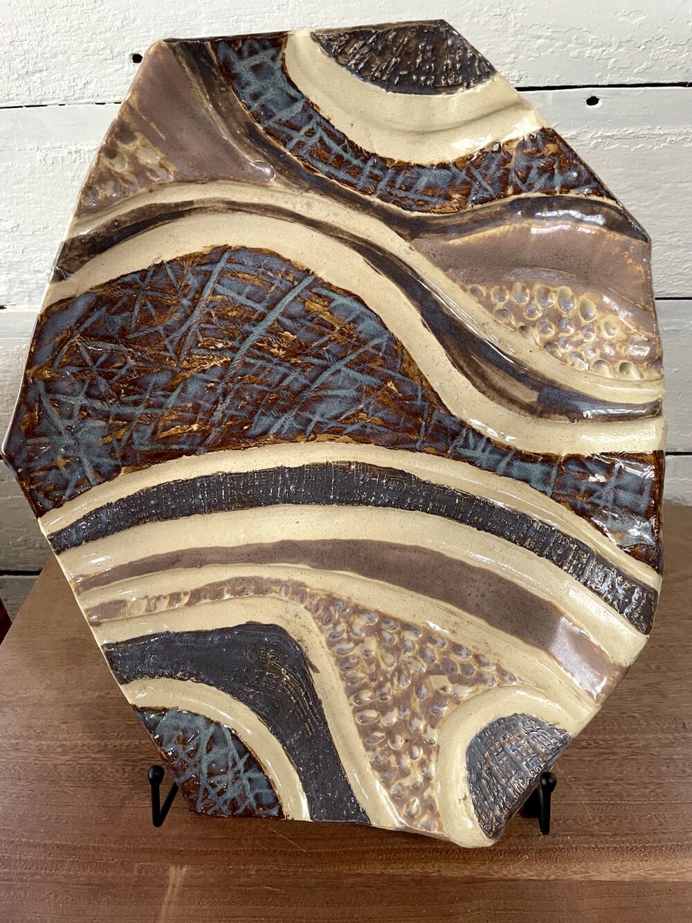 Vintage Abstract Mixed Media Wall Sculpture Textured Glazed Ceramic Fiber Art